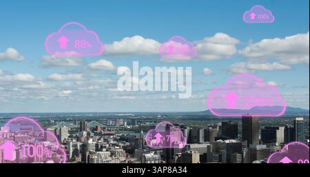 Image of digital clouds with percent going up over cityscape Stock Photo