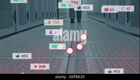 Image of loading ring over media icons and server room Stock Photo