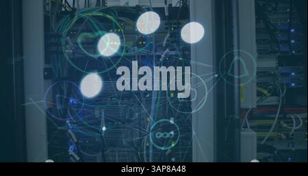 Image of loading ring over network of connections and server room Stock Photo