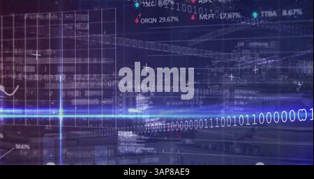 Image of statistics, binary coding and financial data processing over grid Stock Photo