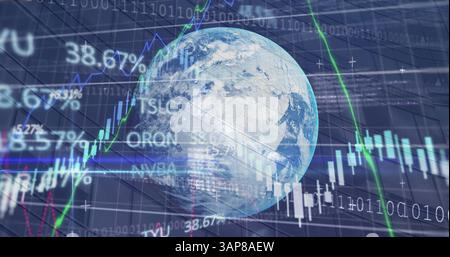 Image of statistics and binary coding, data processing over globe Stock Photo