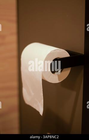 Roll of white toilet paper hanging on a modern black holder. High quality photo Stock Photo