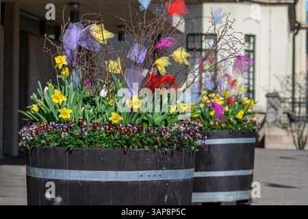 Easter decorations outside the city library of Norrköping. Norrköping is a historic industrial town in Sweden. Stock Photo