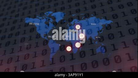 Image of loading circles icons and binary coding, numbers changing over world map Stock Photo