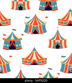 Vector festive seamless pattern with circus vintage tents on white background. Cheerful texture with colorful carnival marquees for wrapper and wallpa Stock Vector