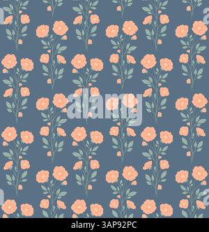 Vector seamless pattern with gentle flowers on blue background. Cottagecore texture with wild flowers in pastel colors. Rustic wallpaper with blooming Stock Vector