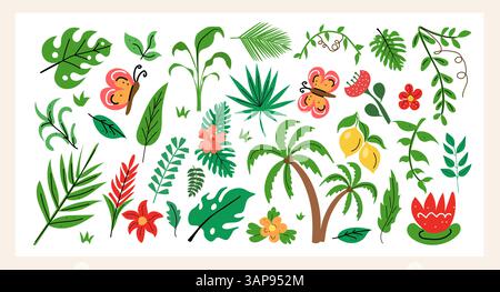 Tropical plant set hand draw flat style with jungle leaves, colorful flowers, butterflies, fruits. Perfect for summer designs, patterns, stickers and Stock Vector