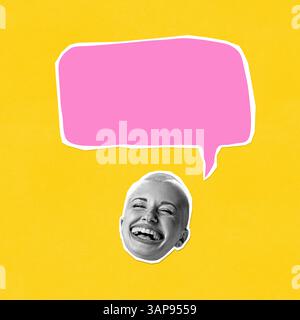 Contemporary art collage. Laughing woman with bold pink speech bubble on yellow background. Concept of customer happiness Stock Photo