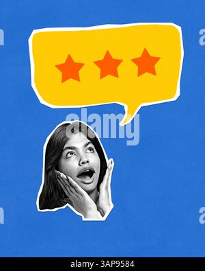 Composite image. Surprised woman under speech bubble with three red stars on yellow. Concept of feedback Stock Photo
