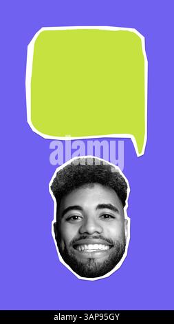 Contemporary artwork. Smiling man with bright green speech bubble on purple background. Concept of positive review Stock Photo