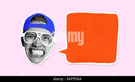 Contemporary composite image. Man in cap with big glasses grimacing next to bold red speech bubble against pink background. Stock Photo
