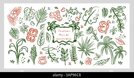 Tropical plant hand drawn line art chalk and charcoal vector set jungle leaves, colorful flowers, butterflies, fruits. Perfect for planner design Stock Vector