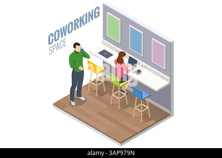 Isometric illustration of two people working in a coworking space with laptops and bar stools. Business planning, work strategy, coworking space Stock Vector