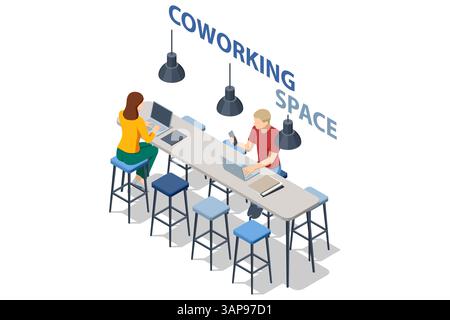 Isometric illustration of two people working in a coworking space with laptops and bar stools under stylish hanging lights. Business planning, work Stock Vector