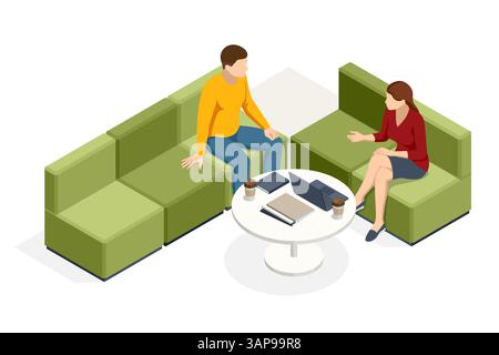 Isometric vector illustration showing two professionals discussing business on green lounge chairs around a coffee table in a modern coworking space Stock Vector