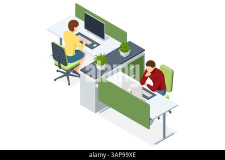 Isometric vector illustration of two coworkers working at a shared desk with computers and plants, in a modern coworking office. Project tracking Stock Vector