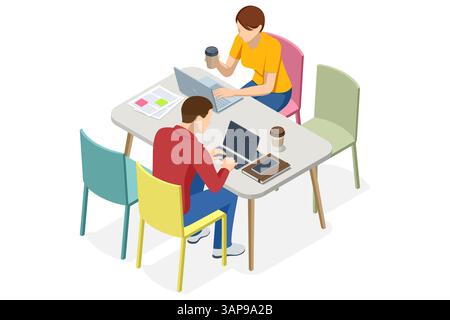 Isometric vector illustration of two coworkers sitting at a table with laptops, notebooks, and coffee. Project tracking, agile workflow Stock Vector