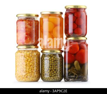 Many jars with different pickled products isolated on white Stock Photo