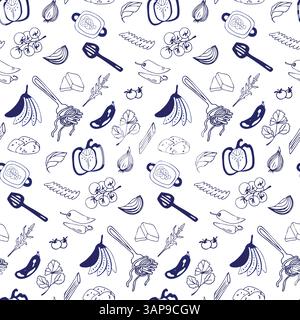 Stylish classic vector seamless pattern with healthy Italian food and cooking ingredients. Hand-drawn in doodle style. For restaurant, cafe, food menu Stock Vector