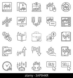 Cryptocurrency Trading outline icons set - Buy, Sell and Trade concept vector signs and Candlestick Chart symbols collection Stock Vector
