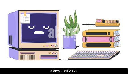 Retro computer keyboard with books, plant and phone 2D cartoon objects set Stock Vector