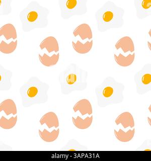Fried eggs with yolk and Cracked Beige Eggshell Seamless pattern Culinary food card Backdrop design. Isolated Vector illustration Wrapping Wallpaper Thematic Cards, leaflets or web promo banner, label Stock Vector