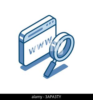 isometric vector browser window and magnifying glass linear icon, in color on a white background, internet search Stock Vector