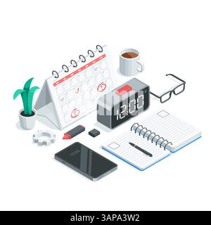 isometric vector calendar and electronic clock next to a diary and smartphone, in color on a white background, work day planning or business schedule Stock Vector
