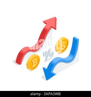 isometric vector chart arrows for indicating statistical data or exchange rate, in color on a white background, increase and decrease arrows and bitco Stock Vector
