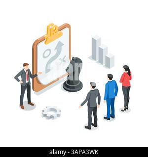 isometric vecto business people discussing development strategy and a tablet with a plan sheet and a chess knight, in color on white background, busin Stock Vector