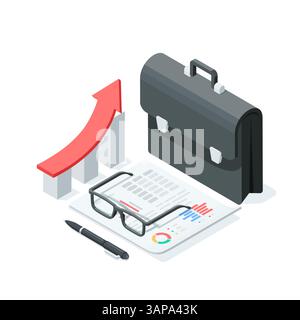 isometric vector portfolio and chart with statistics printed on a sheet of paper and glasses, in color on a white background, business analytics and s Stock Vector