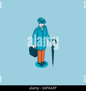 isometric vector man in a hat and coat with an umbrella and a briefcase linear icon, in color on a blue background, society or people Stock Vector
