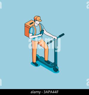 isometric vector male delivery man with scooter and smartphone linear icon, in color on blue background, profession or delivery service courier Stock Vector