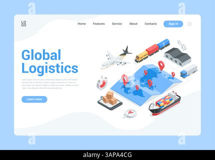 isometric vector landing global logistic, transport for transporting goods by air by water and by land with world map and location icons, on blue back Stock Vector