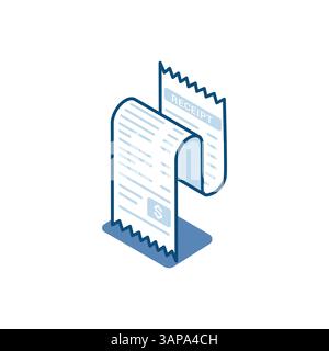 isometric vector cash receipt linear icon, in color on white background, shopping or taxes Stock Vector