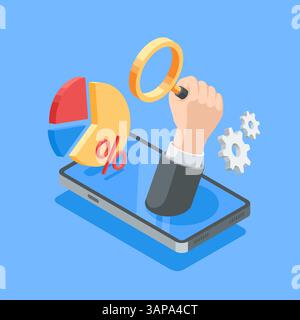 isometric vector male hand raised up holding a magnifying glass and chart on smartphone screen, in color on a blue background, analytics and verificat Stock Vector