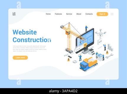 isometric vector landing team of developers working on creating and building website, in color on white background, crane and drone work or website co Stock Vector