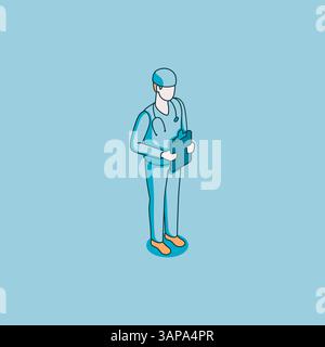 isometric vector doctor linear icon, in color on blue background, people and professions Stock Vector