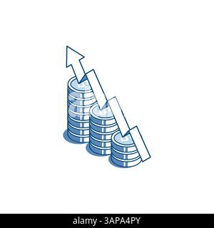 isometric vector linear icon in the form of a chart of coins and an up arrow, in color on a white background, financial growth or increase in income Stock Vector