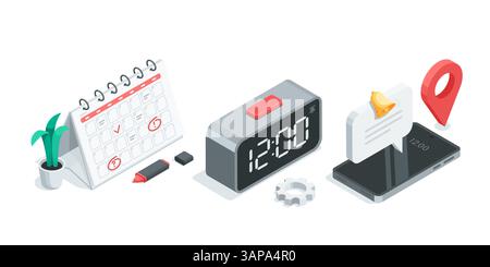 isometric vector set of calendar and electronic clock next to smartphone, in color on white background, work day planning or time organization Stock Vector