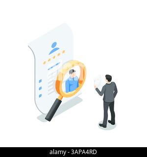 isometric vector business man studying a job candidate's application form, in color on a white background, recruiting or employee search Stock Vector