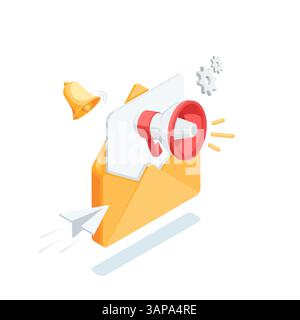 isometric vector open envelope with loudspeaker and bell, in color on white background, advertising mailing or promotion Stock Vector