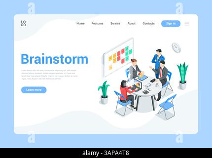 isometric vector landing business people at round table in the office discussing business issues, in color on a blue background, brainstorming teamwor Stock Vector