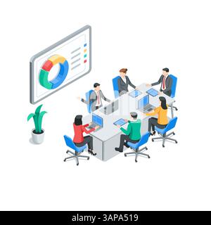 isometric vector business people at a table in the office discussing business issues, in color on a white background, brainstorming teamwork or statis Stock Vector