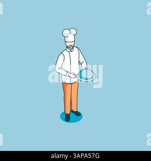 isometric vector chef linear icon, in color on blue background, people and professions Stock Vector
