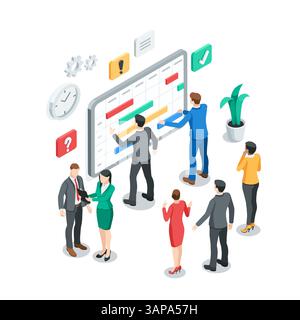 isometric vector business men and woman look at the timetable posted on the stand, in color on a white background, office workers and  teamwork Stock Vector