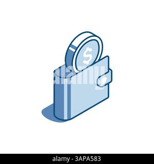 isometric vector wallet with coin linear icon, in color on a white background, finance and monetary systems or online banking Stock Vector