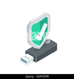 isometric vector shield with a checkmark on a flash drive, in color on a white background, protected digital information or data on an external storag Stock Vector