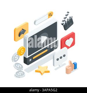 isometric vector set of video player window and likes with comments, in color on a white background, video content or internet media resource Stock Vector