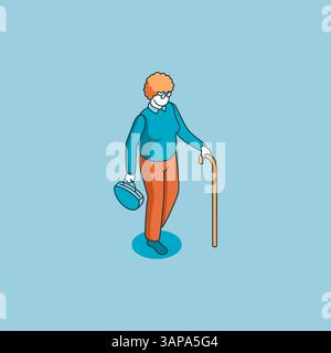 isometric vector old woman with a cane, in color on a blue background, linear icon or people in society Stock Vector